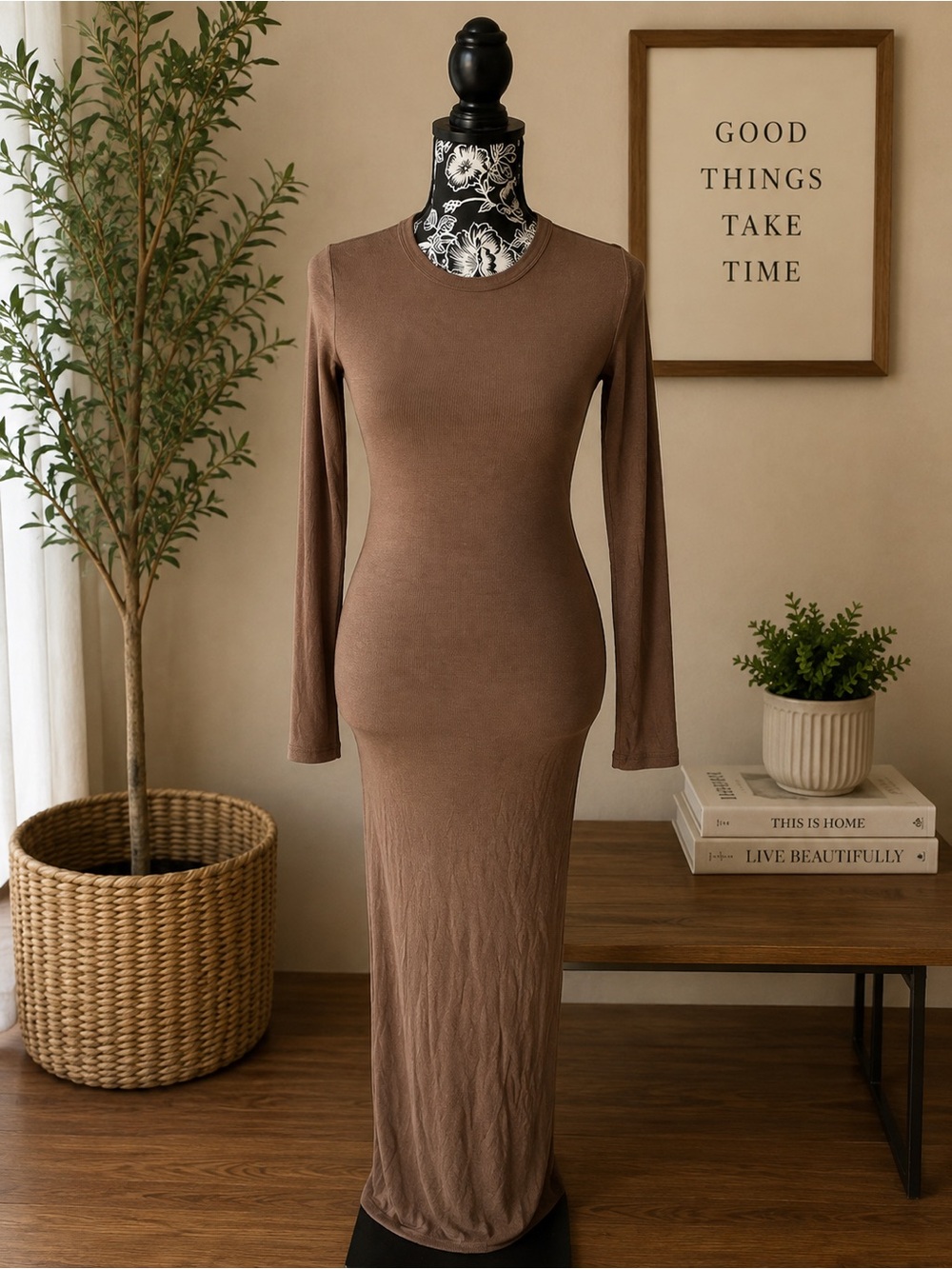 SKIMS Taupe Brown Long Sleeve Fitted Maxi Dress